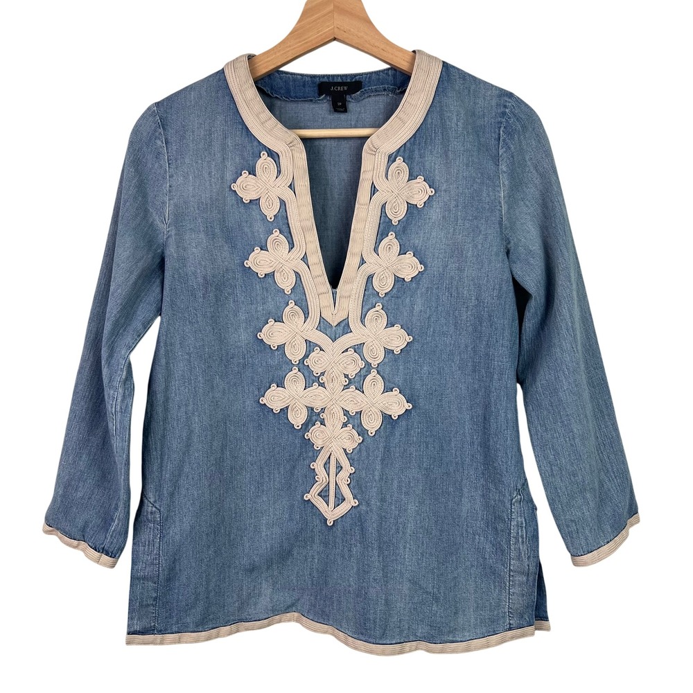 J.Crew Womens 2P Petite Blue Soutache Embroidered Chambray Tunic Top 100% Cotton